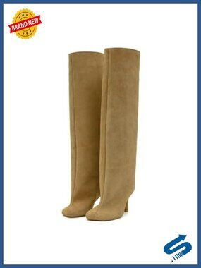 Faux Suede Knee High Boots Square Toe Stiletto Heel Pull On